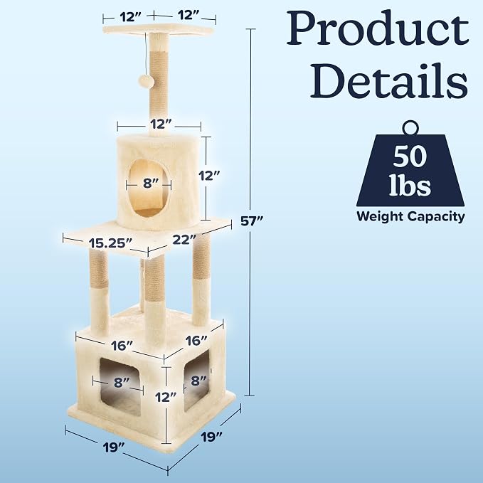 57” Tall Cat Tree Tower - Cat Tower with 2 Kitten Condos, Napping Perch, 5 Rope Scratching Posts, and 2 Hanging Toys - Multi-Level Kitten Tree and Climbing Activity Furniture by PETMAKER (Beige)