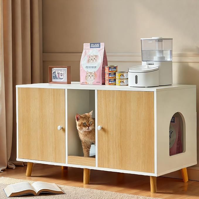 Litter Box Enclosure for 2 Cats, 43" Hidden Cat Litter Box Furniture Cabinet with Scratching Pad and Double Room, Cat House Washroom, Side End Table Modern, Wood