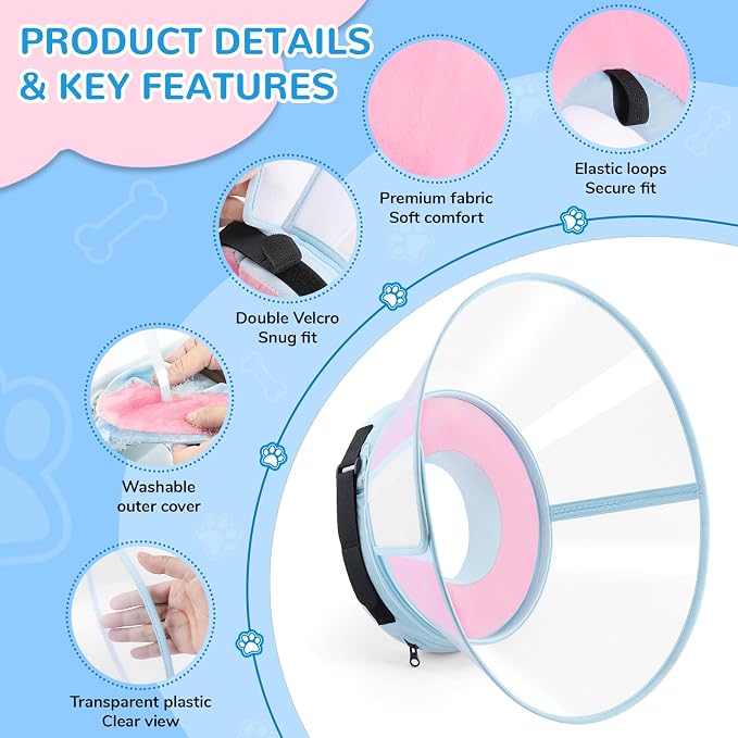 Sponge Core Dog Cone, Inflatable Dog Cone Collar Alternative, Dogs Donut Collar After Surgery, Soft Cone for Large Medium Small Dogs to Stop Licking, No Inflation Required, Clear View(Size 4, Pink)