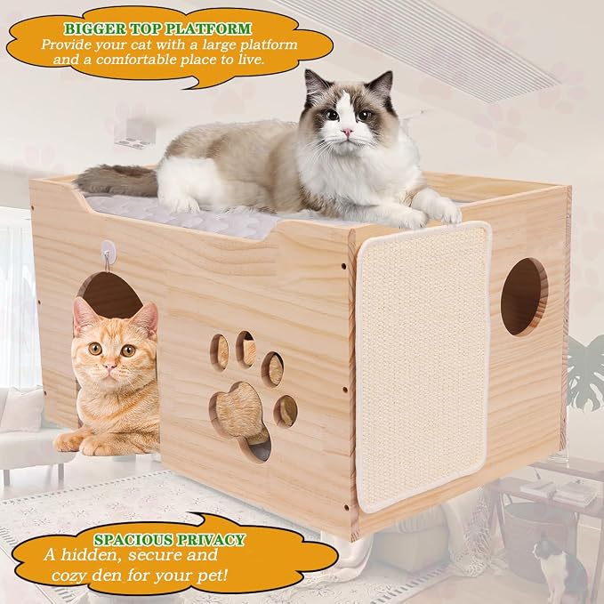 Large Wooden Cat House for Indoor Cats- Cat Scratcher House, Sturdy Cat Playhouse Cat Bed Cave,Cat Scratchers with Sisal Scratching Board, Wooden Cat Condos, Cat Cubes, Cat Hideaway
