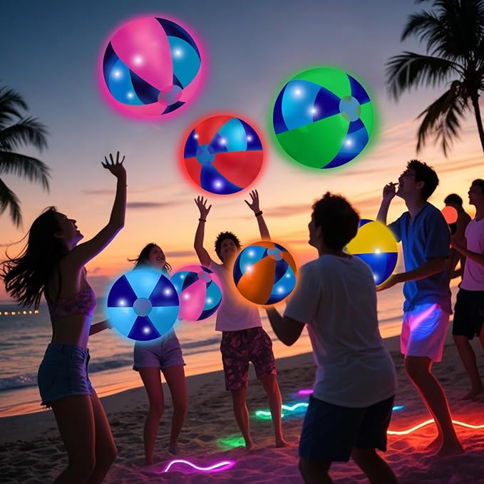 MiniInflat 12 Pcs Light up Beach Balls 16'' Jumbo Pool LED Balls Glow in the Dark Neon Giant Inflatable for Summer Hawaiian Tropical Theme Beach Party Decor Water Accessory (Mixed Color)