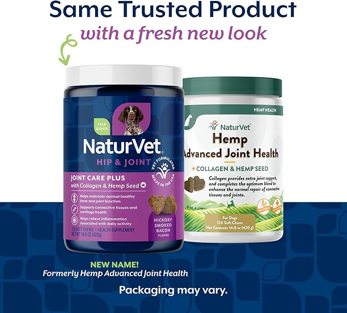 NaturVet Hemp Advanced Joint Health Dog Supplement Soft Chews –Helps Support Joint Health in Dogs – Includes Hemp Seed, Collagen, Glucosamine, MSM, Chondroitin, Omegas – 120 Ct.