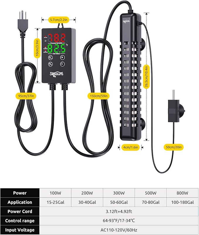 SEAOURA Submersible Fish Tank Heater, 200 Watt Aquarium Heaters and Adjustable 3W Fish Tank Air Bubbler Aquarium Aerator Air Pump for 25-45 Gallon