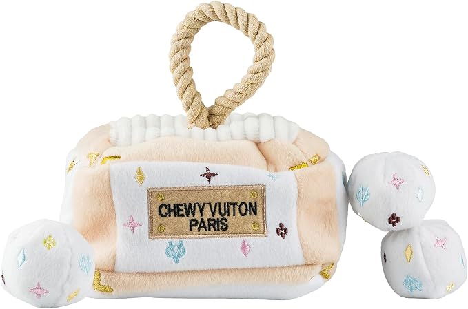 Haute Diggity Dog Chewy Vuiton Trunk Puzzle with 3 Plush Squeaky Dog Toys, Soft Durable Designer-Inspired Stuffed Puppy Chew Toys for Small & Medium Dogs, Machine-Washable (White) One Size
