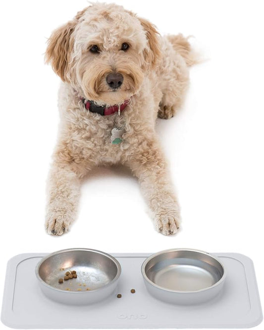 Ono Good Bowl Food & Water Double Feeder - Small to Medium Pets No Spill Non Skid Silicone Mat & Stainless Steel Bowls for Dogs or Cats (Cool Gray)