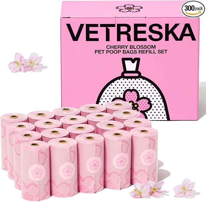 VETRESKA Cherry Blossom Scented Dog Poop Bags, Leak Proof, Extra Thick and Large Pet Waste Bags for Dog Walking and Cat Litter, 20 Refill Rolls, 300 Bags, Pink