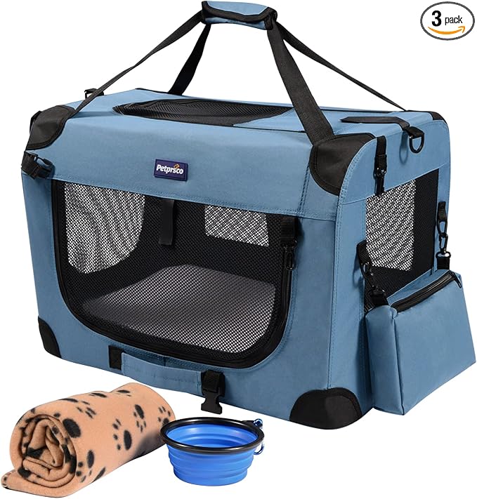 Petprsco Portable Collapsible Dog Crate, Travel Dog Crate 24x17x17 with Soft Warm Blanket and Foldable Bowl for Large Cats & Small Dogs Indoor and Outdoor