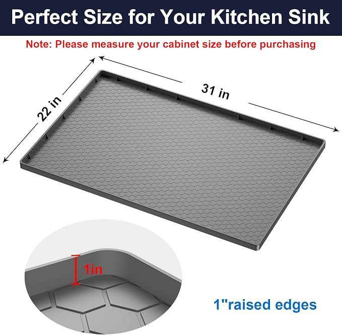 Under Sink Mat - 31" x 22" Waterproof Kitchen Cabinet Mat - Flexible Silicone Under Sink Liner - Kitchen Bathroom Cabinet Mat and Protector for Drips Leaks Spills (Gray)