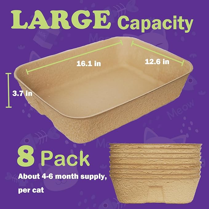 JINVOGREEN Disposable Litter Boxes for Cats, 8 Pack Cat Litter Trays for Travel, Temporary Use, or Liner – Leak-Proof, Eco-Friendly, Easy Clean-Up (16.1" x 12.4" x 3.7")