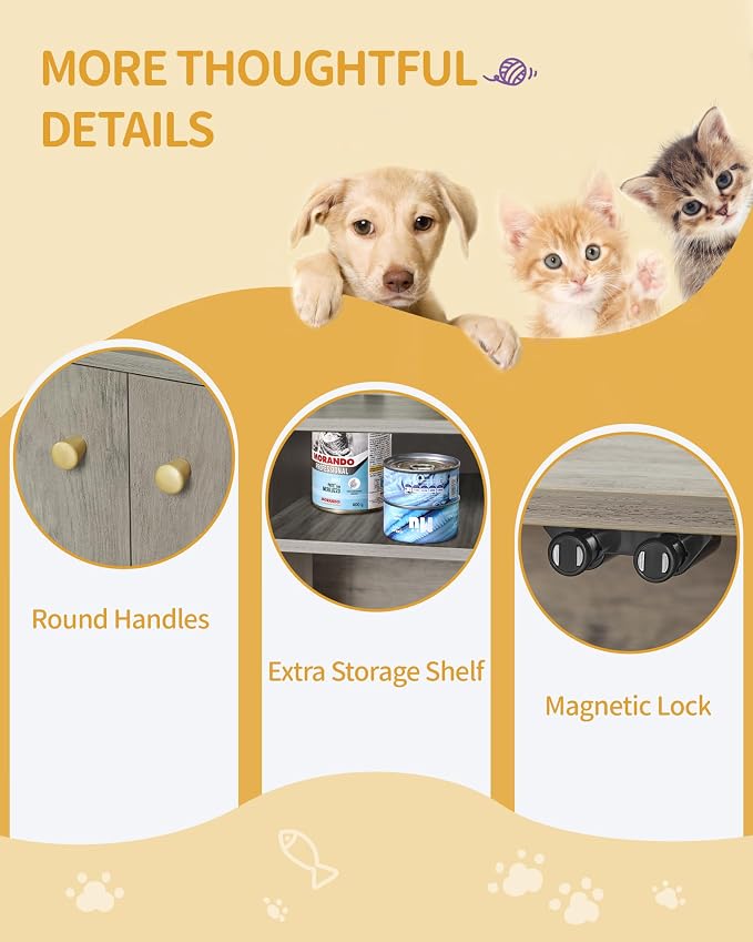 Hzuaneri Cat Litter Box Enclosure Enclosed, Hidden Litter Box Cabinet Furniture with Storage, Wooden Indoor Cat House Large, Modern End Table for Living Room Entryway, Greige and Gold CB01505G