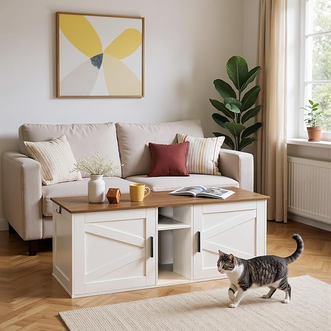 HOOBRO Double Litter Box Enclosure, Modern Cat Litter Box Furniture with Storage and Mat Design, Farmhouse Hidden Litter Box Enclosure with 2 Hooks, White and Walnut WH23MW01