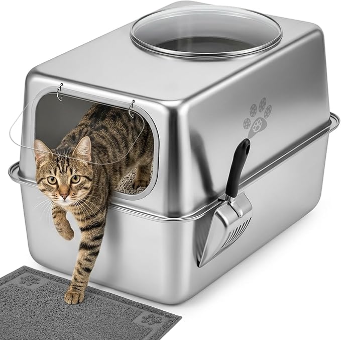 Ptlom Enclosed Stainless Steel Cat Litter Box with Lid, Extra Large Metal Litter Box, Leak-Proof High Sided Covered Litter Box for Kitties & Multi Cats, Non-Stick, Includes Litter Mat & Scoop