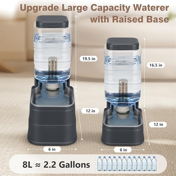 2.2 Gallon Pet Automatic Dog Water Dispenser Cat Gravity Waterer Feeder with Stainless Steel Bowl 8L Large Capacity Puppy Feeding Raised Bowls with Filter,Ice Pack