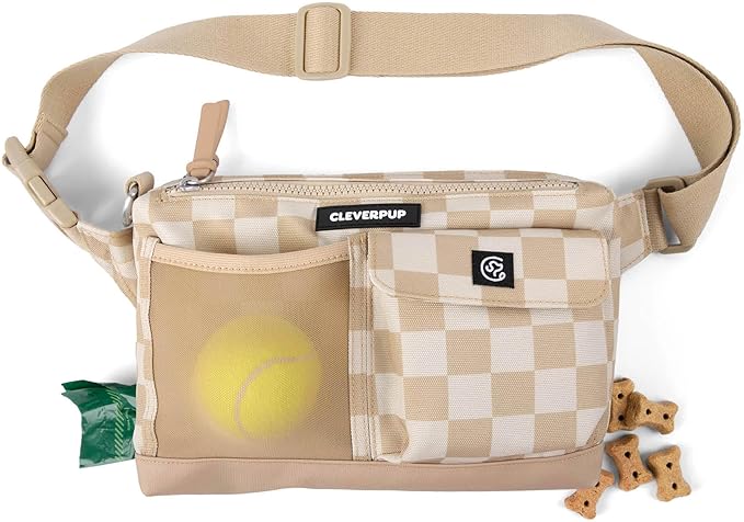 Cleverpup Walk & Train 2-in-1 Dog Walking Bag - Hands-Free Training Crossbody Sling & Fanny Pack with Treat Pouch, Poop Bag Holder, Phone Pockets - Adjustable Waist or Shoulder Strap - Checkerboard
