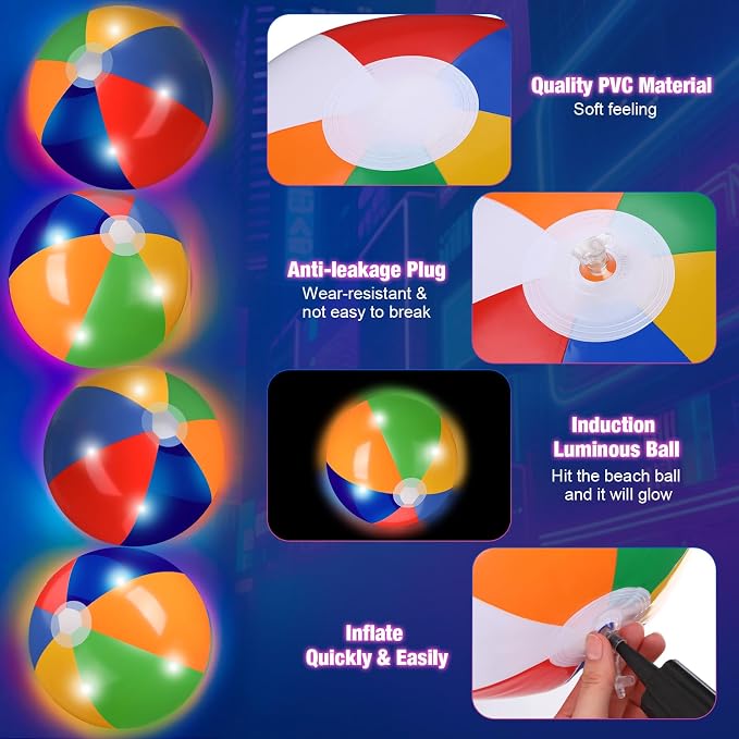 MiniInflat 4 Pcs Light up Beach Balls 16'' Jumbo Pool LED Balls Glow in the Dark Neon Giant Inflatable for Summer Hawaiian Tropical Theme Beach Party Decor Water Accessory (Multicolor)