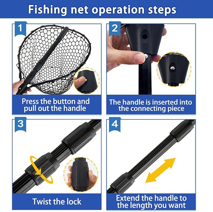 Telescoping Rubber Fishing Net with Handle 64"/46“ Long Silicone Large Fish Landing Net Kayak/Fishpond/Saltwater Extendable Fishing Gear Accessories