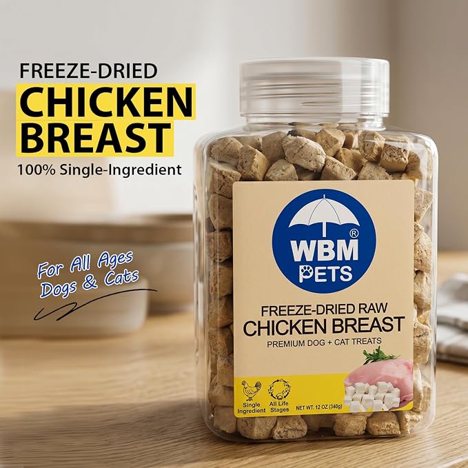 WBM Pets Freeze Dried Dog Treats | Chicken Breast, Single Ingredient | Premium Quality | Grain Free Training Treats for Dogs & Cat, 12 oz Plastic Jar