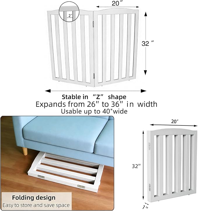 Freestanding Dog Gate Indoor,Doggie Gate Foldable Pet Gates for Doorways,Stairs or Hallways, Wooden White Pet Gate for the House, Pet Fence,32 "Height-2 Panels