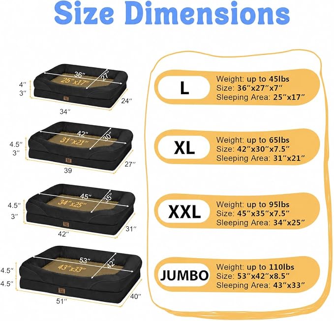 Chez Paw Large Orthopedic Dog Bed for Extra Large Dogs, Waterproof XL Egg-Crate Foam Dog Bed with Removable Washable Cover & Non-Slip Bottom, 4-Sided Bolster Support, Black 42"x30"x7.5"