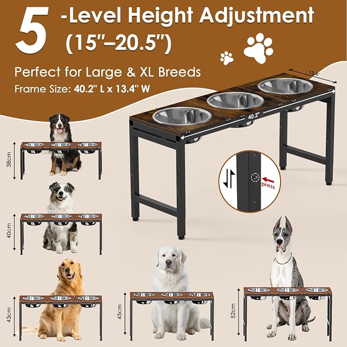 Elevated Dog Bowls Stand for Large Dogs - Triple Bowl Feeding Station, Adjustable Height 15-20.5in, Tilt Stainless Steel Bowls & Wood Tray, Large Dog Feeder 3500ML x3