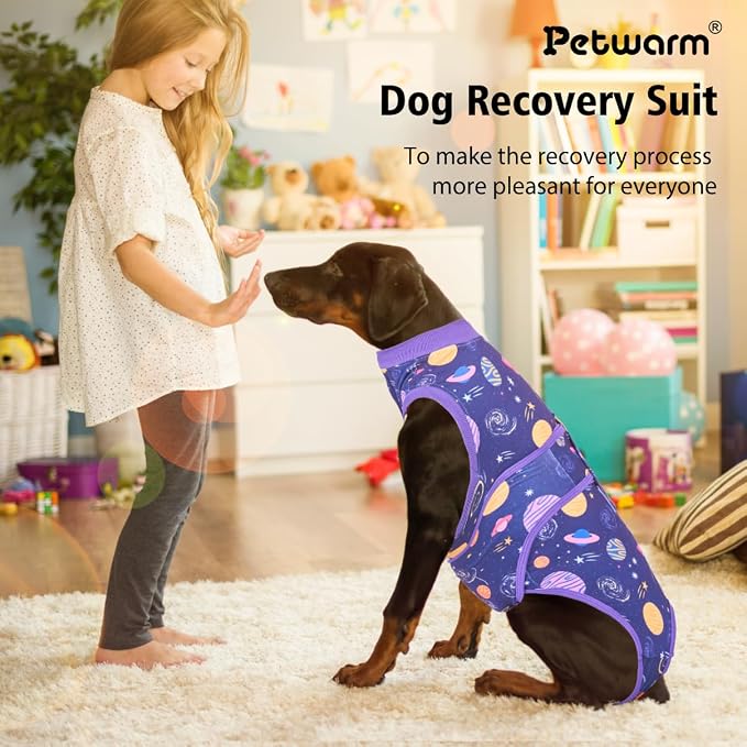 PetWarm Small Dog Recovery Suit, Cone of Shame Alternatives Dog Bodysuit for Abdominal Affected Areas Sensitive Skin Areas Anti-Licking Pet Recovery Suit for Dogs, Galaxy Pattern, Purple, M