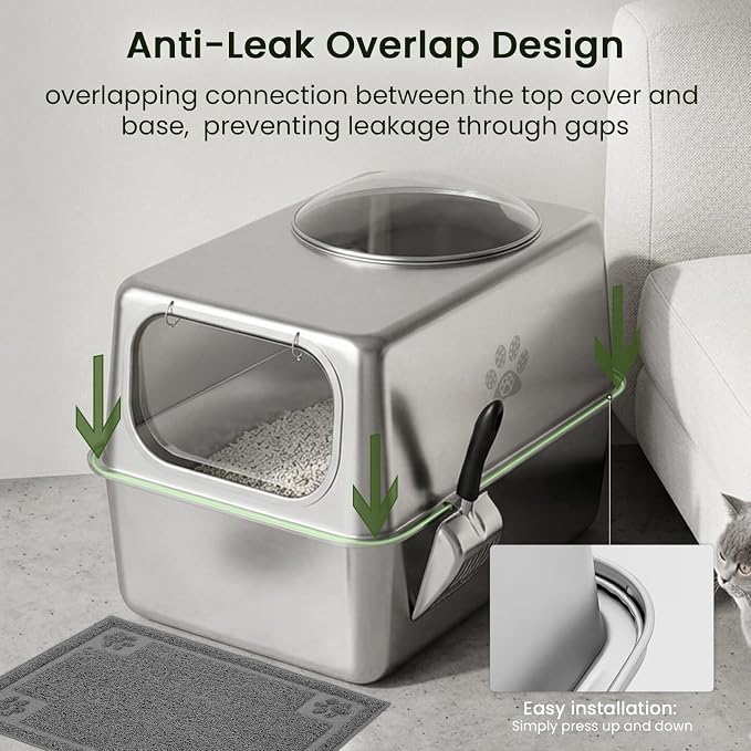 Ptlom Enclosed Stainless Steel Cat Litter Box with Lid, Extra Large Metal Litter Box, Leak-Proof High Sided Covered Litter Box for Kitties & Multi Cats, Non-Stick, Includes Litter Mat & Scoop