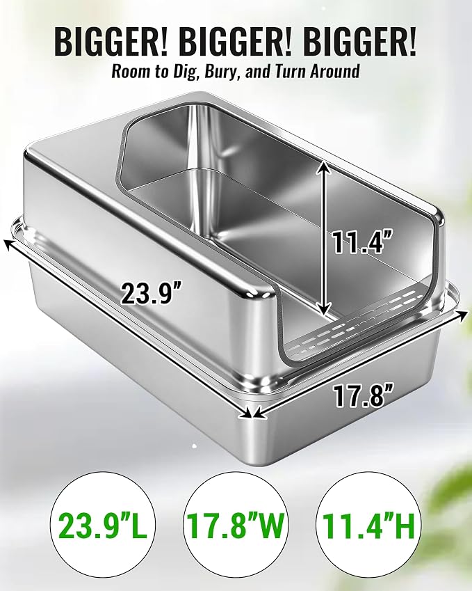 PETNF All Metal Cat Litter Box - All Stainless Steel Litter Box, Odor-Free Large Capacity with Included Litter Scoop, Leak-Proof High-Sided, Easy-to-Maintain for Big Cats & Multi-Cat Homes (1 Pack)
