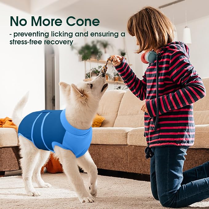 Kuoser Dog Recovery Suit Female, Male Neuter, Postpartum Care, Blue XL, Cotton and Spandex Blend, All Breed Sizes, X-Large (Back: 20.1" - 24.8"; Weight: 42 - 75LB)