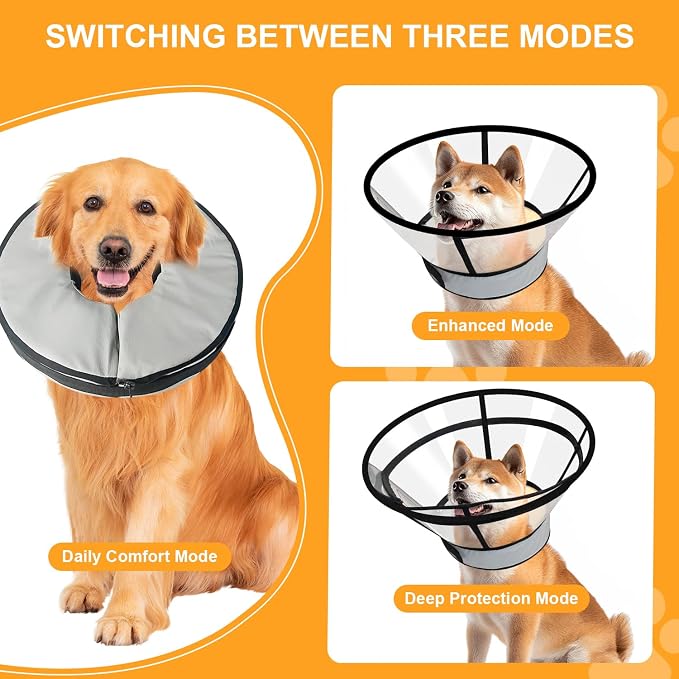 Sponge Core Dog Cat Cone Collar for After Surgery Recovery, Inflatable Dog Cone Alternative, Lainergie Dogs Donut Collar Adjustable with 2PCS Cover for Large Medium Small Dogs Cats (Grey+Yellow, XXL)