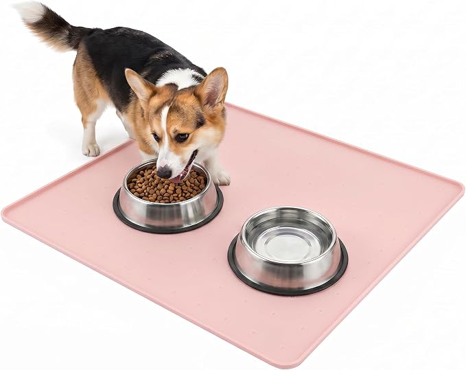 Silicone Pet Feeding Mat, 26x26 Inch Waterproof Dog Bowl Mat – Non-Slip, Machine Washable, Thin 0.28 Inch Edge for Messy Eaters, Protects Hardwood & Tile Floors, Pink