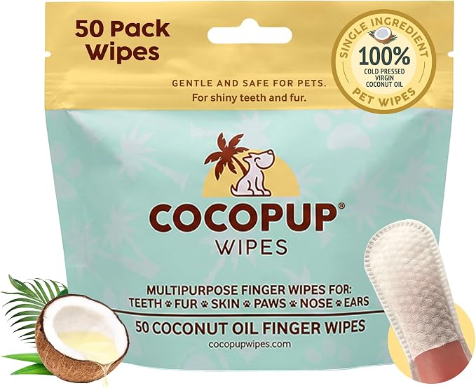 Cocopup Dog Teeth Cleaning Wipes | Pet Dental Finger Wipes | Dogs and Cats Tooth Cleaning Pads Plaque Remover Ear Nose Paws Fur Cleaners | Contains Coconut Oil | 3 Pack of 50