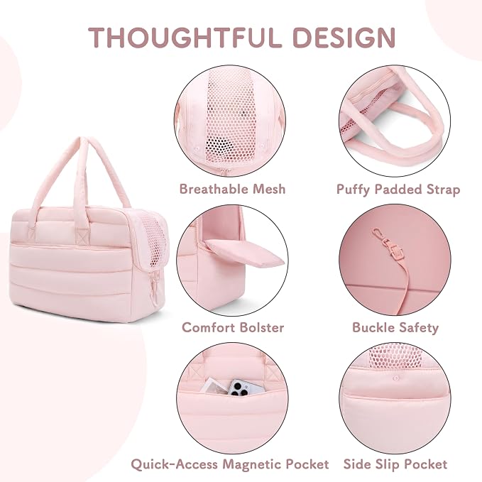 Dog Purse Carrier for Small Dog Cat Rabbit up to 13 lbs, Lightweight Portable Soft Sided Pet Purses, Quilted Puffy Tote Puppy Carrier with Large Pockets for Hiking, Travel, Vet Pink