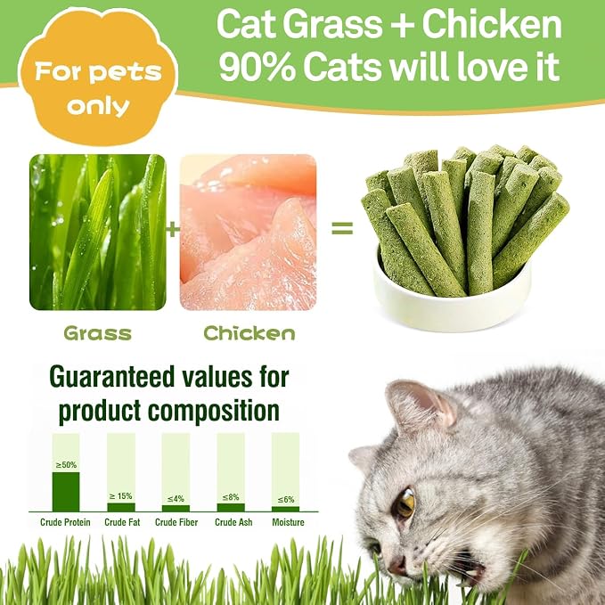 30g Cat Grass Sticks, Freeze Dried Cats Grass Teething Stick, Edible Cat Chew Toy for Teeth Cleaning Dental Health and Hairball Removal