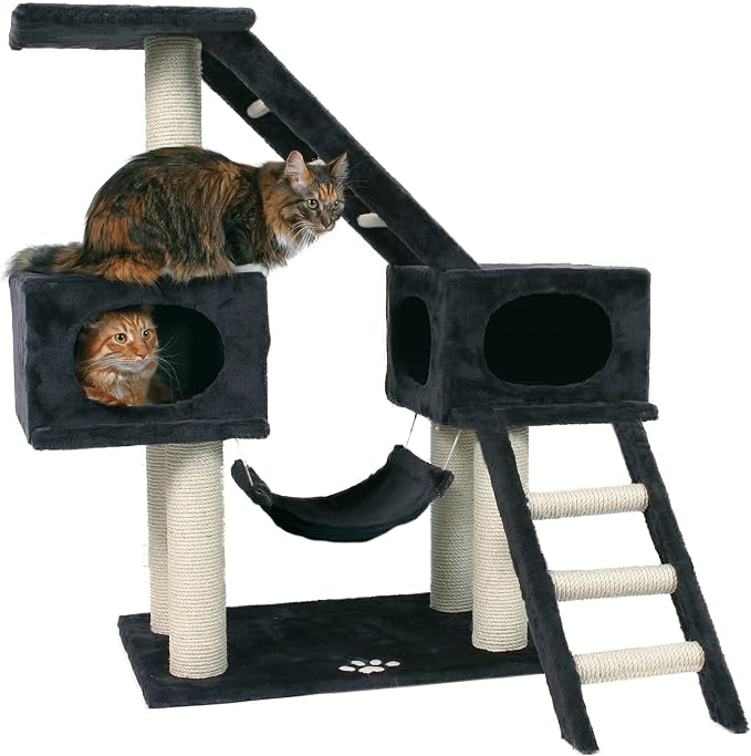 TRIXIE Malaga Cat Tower – Cat Tree with Extra-Thick Sisal Posts, Caves, Platforms & Hammock – Durable Cat Furniture for Indoor Cats – Gray, 18" x 28" x 43"