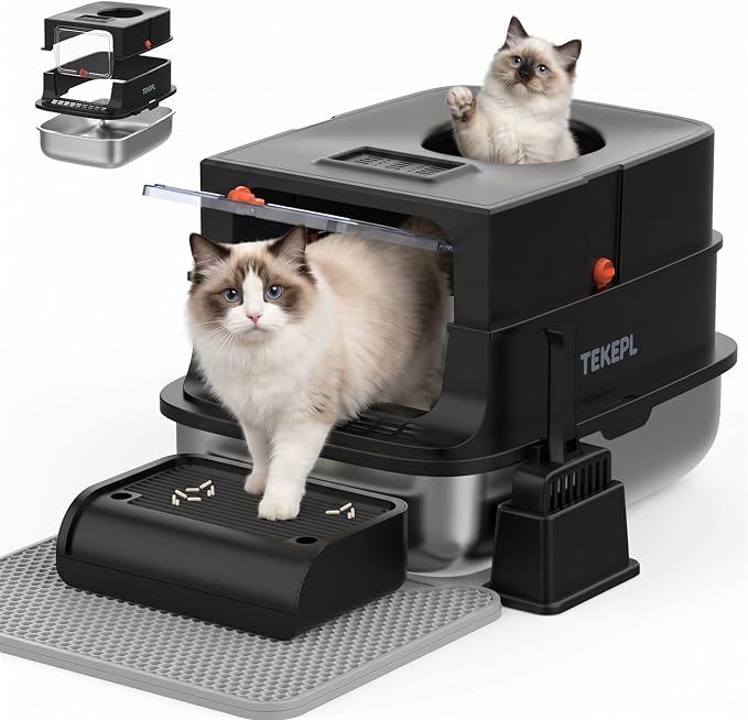 Stainless Steel Cat Litter Box with Lid, Extra Large Cat Litter Box for Large Cats, Metal Litter Boxs with High Sided Enclosed and Scoop, Easy to Clean, Top Entry, Odor Control, Black