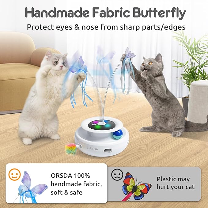ORSDA Cat Toy, 3-in-1 Automatic Cat Toys for Indoor Cats, Interactive Feather Toys for All Breeds, Replacement Attachments 7PCS Cat Teaser Toy Refills Cat Wand Attachments