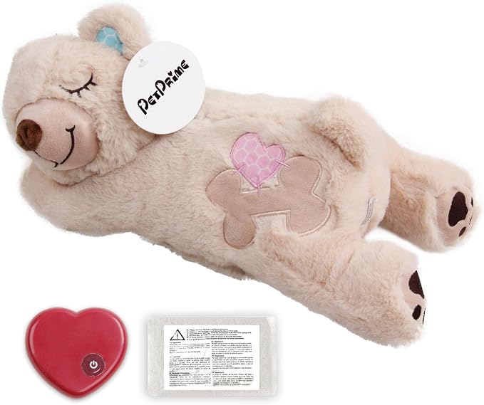 PetPrime Dog Plush Toy Heart Beat Puppy Plush Bear Toy with Warmer Bag Pet Soft Anxiety Puppy Relief Toy for Dogs Heart Beat Stuffed Animal Sleeping Buddy Anxiety Dog Toy