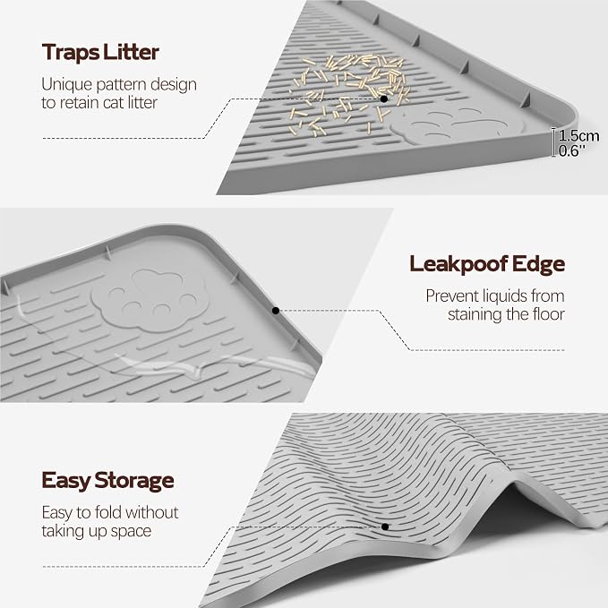 Cat Litter Mat, XL Extra Large 57" x 40" Silicone Mat Litter Trapping Mat for Scatter Control, Soft on Kitty Paws, Easy to Clean (Light Grey)