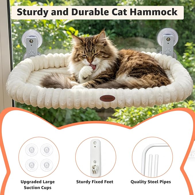 Woochpet Cat Window Perch for Window with Solid Metal Frame and Ultra Soft Machine Washable Bed with 4-Sided Bolster, 4 Strong Suction Cups Window Resting Seat,Cordless Foldable Cat Hammock Bed