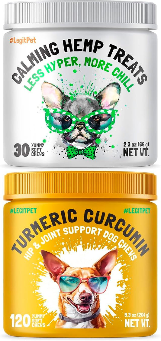 LEGITPET Calming Hemp 30 Treats for Dogs Made in USA with Organic Hemp and Turmeric Curcumin Hip & Joint Dogs Supplement Anti-Inflammatory Support 120 Chewa
