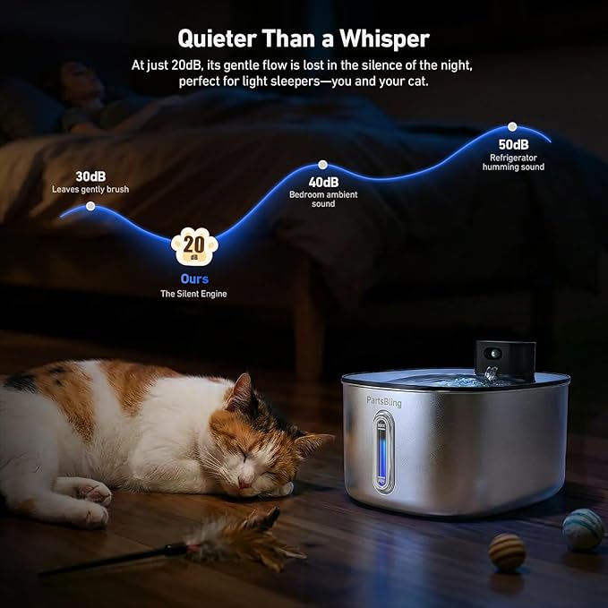 PartsBling Cordless Cat Water Fountain Stainless Steel, 4.2L/142oz Battery Operated Pet Fountain, Ultra Quiet Water Dispenser Cats&Dogs, 5000mAh Rechargeable, Easy to Clean, Includes 4 Filters, Black
