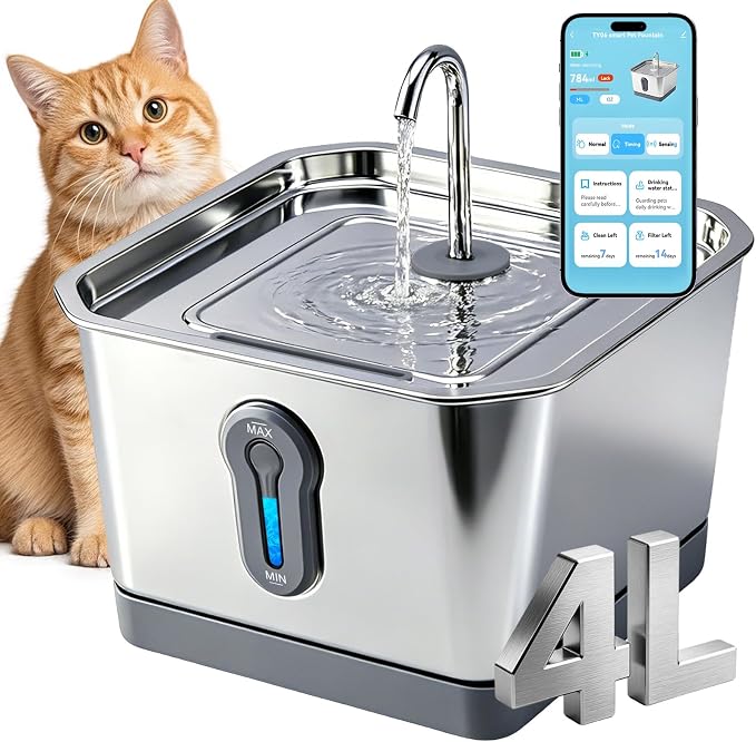 Cat Fountain Stainless Steel, 135oz/4L Pet Water Dispenser with App Monitoring, 4000mAh Operated Water Dispenser for Cats & Dogs,Ultra Quiet, LED Water Level Window Cat Fountain (2 Filter& 3 Sponge)