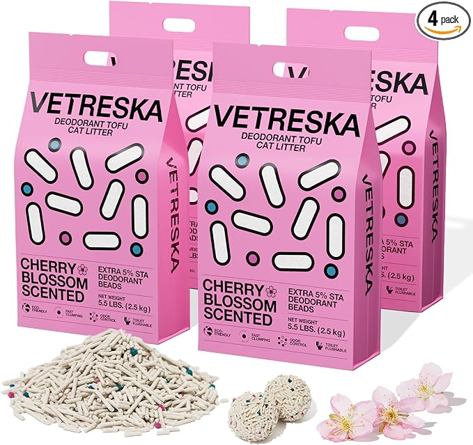 VETRESKA Cherry Blossom Tofu Cat Litter,Natural Pretty Kitty Litter Strong Clumping Flushable Cat Litter Pellets Ultra Absorbent,Dust-Free,Low Tracking,Deodorant Tofu Litter Compostable(5.5lb×4bags)