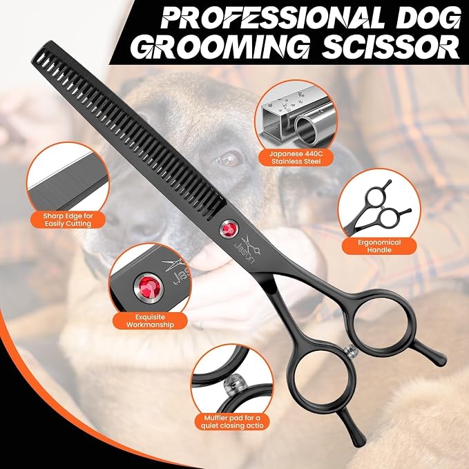 JASON 7" Dog Grooming Scissor - Professional Thinning Shear with 37 Teeth Japanese Stainless Steel Blender Scissors for Dogs, Cats and Other Pets (Thinning, Black) Christmas Gift