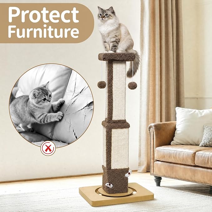 Tall Cat Scratching Post for Large Cats Kittens, 33" Indoor Sisal Vertical Pole Heavy Duty Square Structure with 4 Interactive Mouse Holes and Track Ball Base, Shields Furniture from Scratches