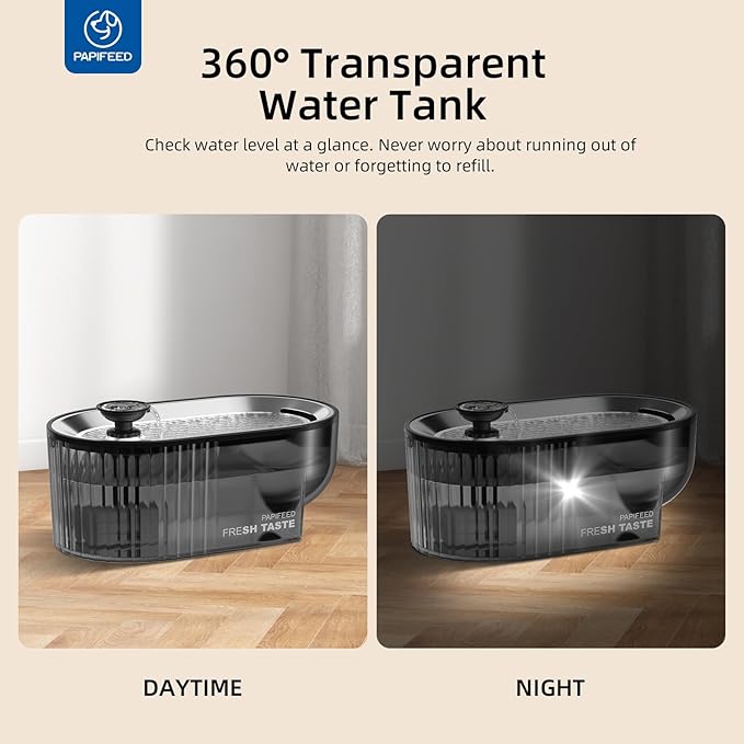 PAPIFEED Cat Water Fountain Stainless Steel with a Silicone Mat, 84oz/2.5L Automatic Pet Fountain with Water Level Window and LED Light, Quiet Low Power Cat Water Bowl & Cat Water Dispenser(Black)