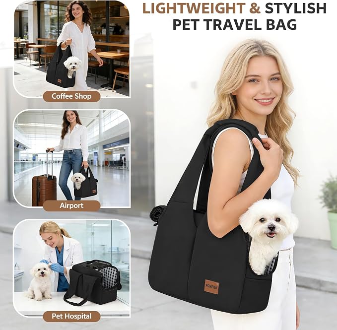 Dog Purse Carrier for Small Dogs and Cats, Soft-Sided Pet Tote Bag with 6 Large Pockets, Collapsible Travel Puppy Carrier, Fits Pets up to 16 lbs (Black, 17.5" L x 8" W x 12" H)