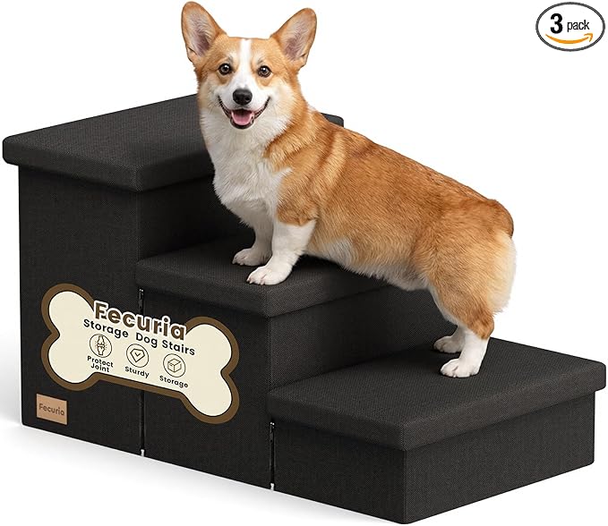 3-Step Wide Dog Stairs with Storage 18" H, Non-Slip Sturdy Pet Steps for High Bed Couch Window, Pet Stairs for Small/Medium/Large Old Dogs Cats Up to 200lbs, Cat Dog Steps for Car/SUV, Black