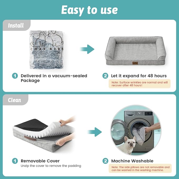 COZY KISS Cooling Dog Bed for Medium Dogs, 36"x27" Orthopedic Foam Sofa with Bolster Sides, Q-Max >0.4 Cooling Technology, Cool Pet Bed with Removable Washable Cover, Grey