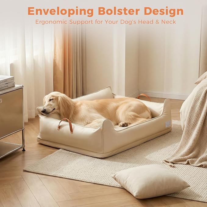 Removable Orthopedic Dog Beds for Large Dogs, Leather Memory Foam Dog Sofa Bed, Waterproof Durable Dogs Bed Couch with Non Skid Bottom for All Pet Sizes (Beige, X-Large)